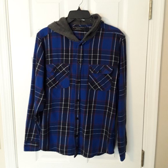 No Boundaries, hooded long sleeve flannel, size A4/S 34/36 blue w/black and whit - Picture 1 of 8